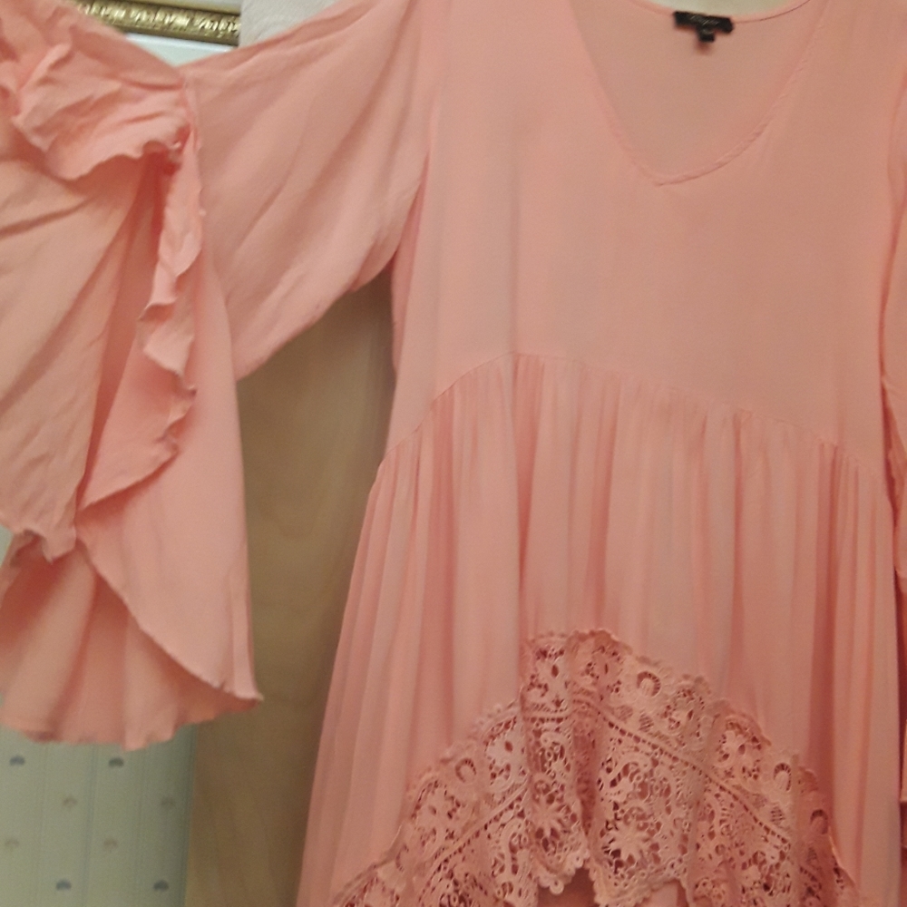 Pink Boho Lace Flowy Empire Beach Hi Low Dress